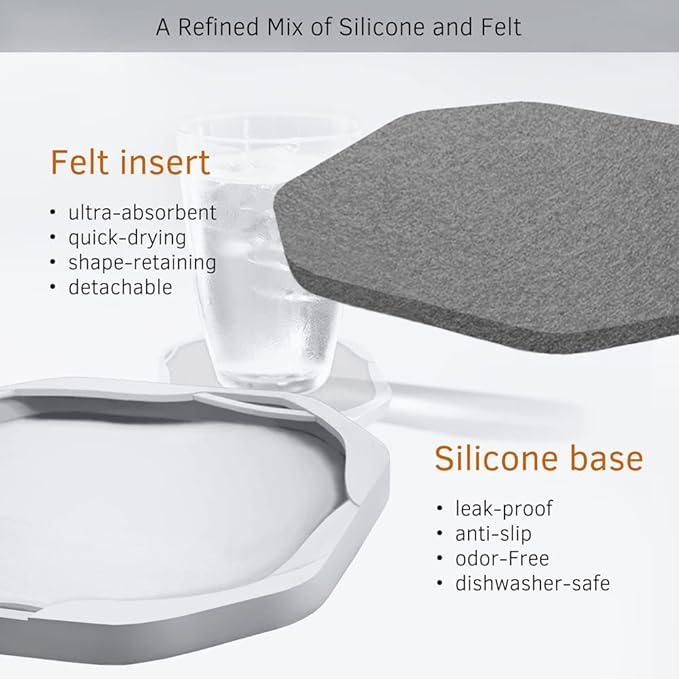 UMIRRO Absorbent Drink Coasters for Tabletop Protection | Silicone Coasters for Drinks Absorbent with Felt Pads | Cup Mat for Coffee, Beer, Wine | Non-Slip, Unbreakable and Kid Safe | Grey Set of 4