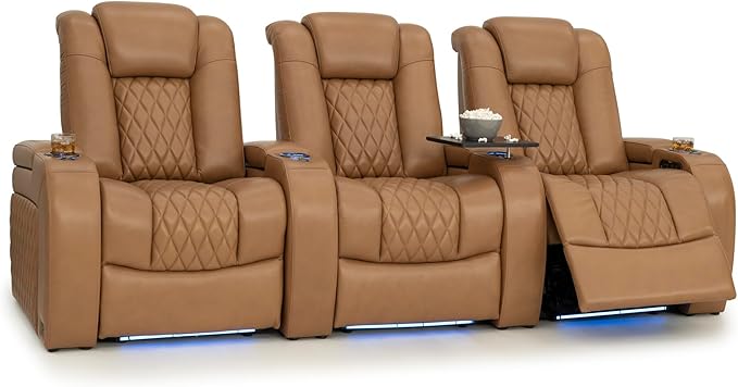 Seatcraft Diamante Zero-Gravity CoolZero Italian Leather Home Theater Seating, Power Headrest, Power Recline, Row of 3, Tan Oak