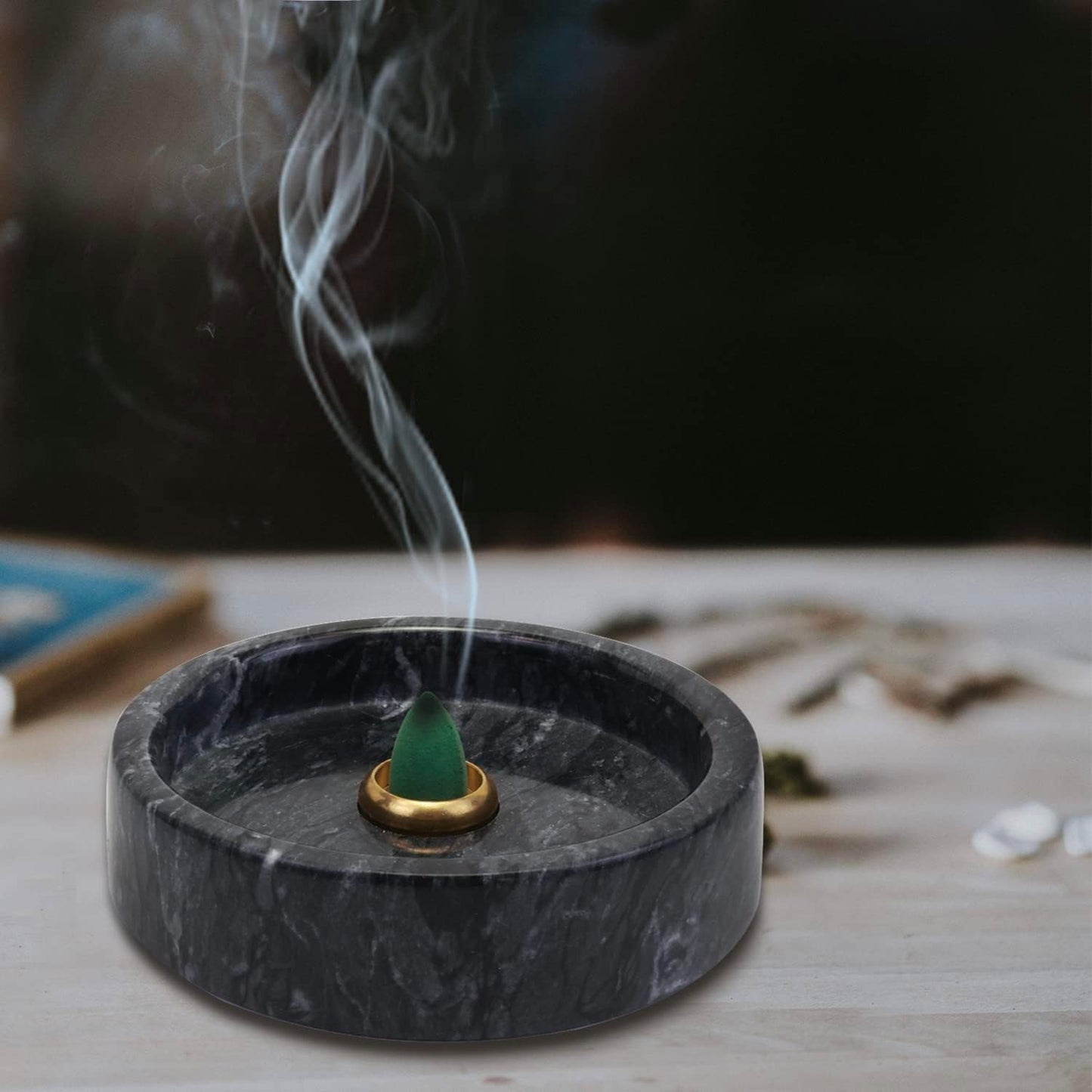 Handmade Natural Marble Incense Holder for Sticks and Cones-with 9 Holes,Multi-Functional Incense Burner Holder for Incense Sticks and Cones,Perfect Home Decor(Black Marble, 4.7inch