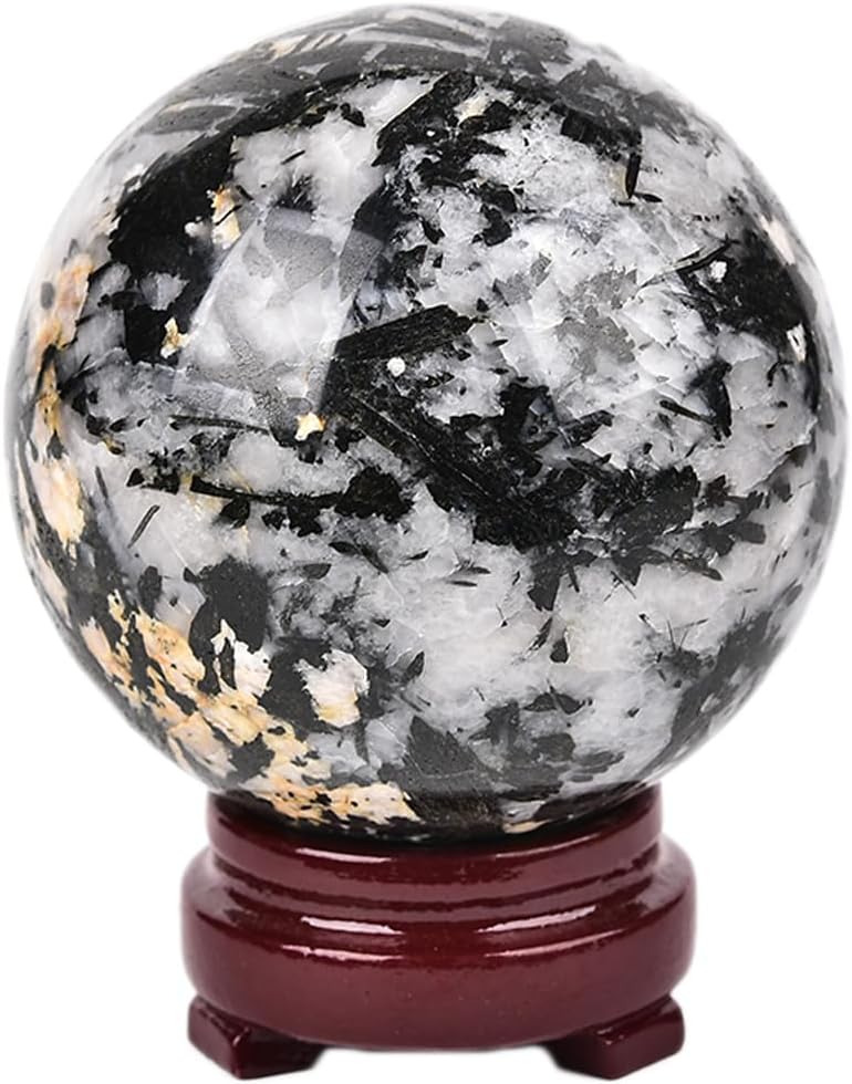 JIC Gem Black and White Tourmaline Crystal Sphere with Wooden Stand,Decorative Crystal Ball Black&White Gemstone Sphere for Meditation,Feng Shui,Witch-Style Decor,Office Table Decorations 70-80mm