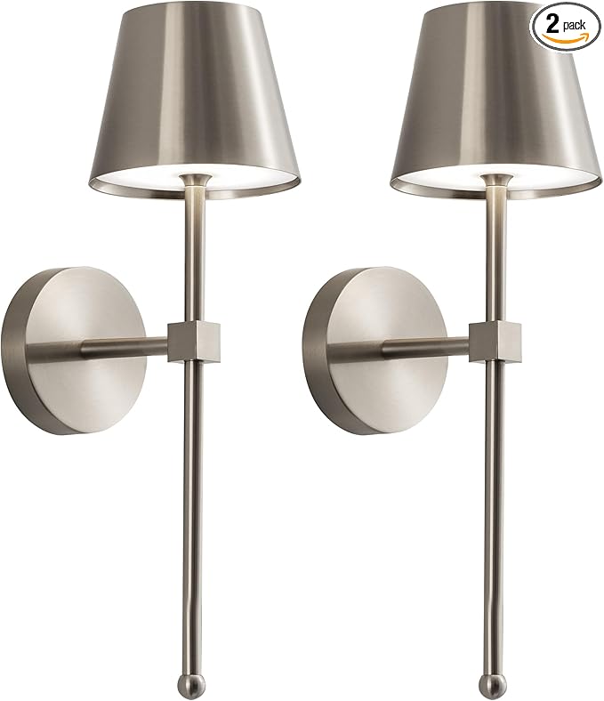 KDG Cordless Wall Sconces Set of 2, Wireless 5200mAh Rechargeable Battery LED Wall Lamps, Wall Lightings for Wall Painting, Outdoor, Garden, Bedside, Hallway, Gifts, Night Light (Brushed Nickel)