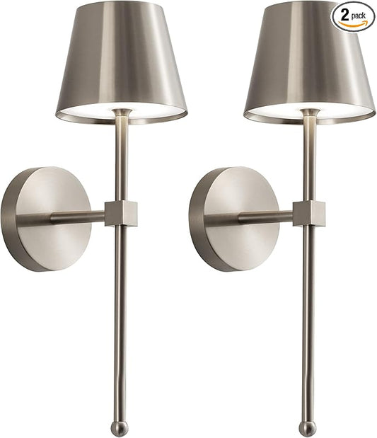KDG Cordless Wall Sconces Set of 2, Wireless 5200mAh Rechargeable Battery LED Wall Lamps, Wall Lightings for Wall Painting, Outdoor, Garden, Bedside, Hallway, Gifts, Night Light (Brushed Nickel)