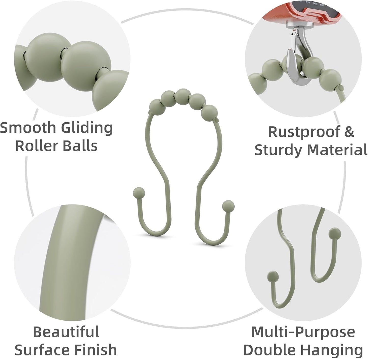 Sage Green Shower Curtain Hooks Shower Curtain Rings Rust Proof Sturdy Metal Double Shower Curtain Hooks, Shower Hooks for Shower Curtain Bathroom Shower Rod Hooks Hangers