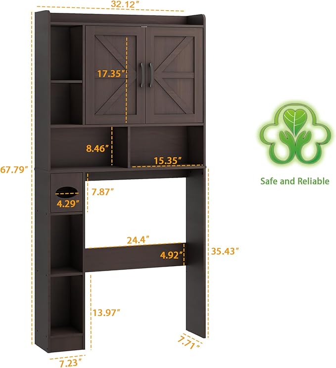 Over The Toilet Storage Cabinet, Farmhouse Storage Cabinet Over Toilet with 2 Barn Door & Toilet Paper Holder Stand，Home Space-Saving Toilet Rack, for Bathroom, Restroom, Laundry