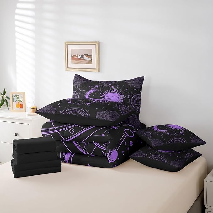 Sun and Moon 7 Piece Bedding Set, Constellation Galaxy Comforter Set Cover for Kids Boys Girls Teens Psychedelic Boho Mandala Bedding Set Celestial Puprle Black Full Size