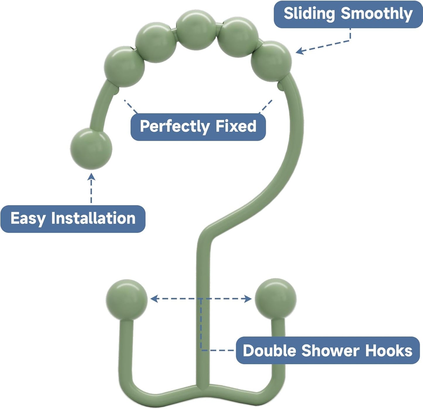 Titanker Shower Curtain Hooks Rings, Rust-Resistant Metal Double Glide Shower Hooks for Bathroom Shower Rods Curtains, Set of 12 Hooks - Sage Green