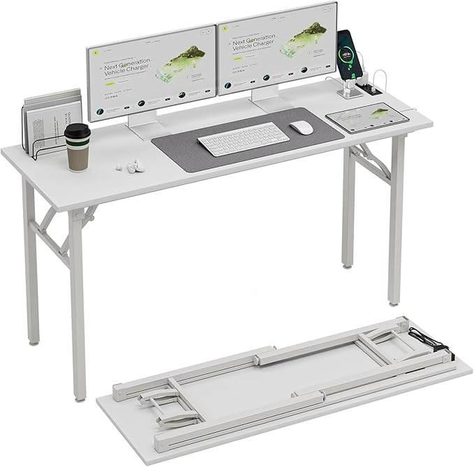 TEMI Long Computer Desk Folding Table - No Assembly, Compact 55.1" Foldable Desk with Power Outlets & USB Charging Port, Portable Lagre Office Desk, Ideal Large Study Table for Narrow Spaces