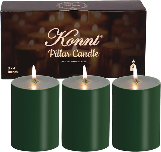KONNI Navy Green Pillar Candles Set of 3, 3"x 4" Unscented Pillar Candles Bulk, 39 Hours Long Burning Candles, Smokeless&Dripless Large Round Candle for Wedding, Home Decoration, Parties, Spas, Dinner