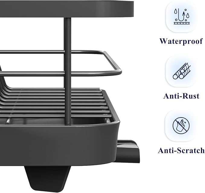 Kitsure Dish Drying Rack for Kitchen Counter, Stainless Steel Sink Organization and Storage Essentials with Cutlery Holder, Home and Appartment Decor, 12''W x 15.5''L, Grey