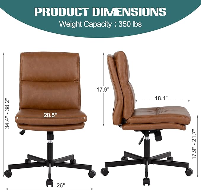 LUCKWIND Armless Office Desk Chair with Wheels, Mid-Back Criss Cross Swivel Task Chair, Height Adjustable Cushioned Vanity Chair, Double Padded PU-Leather Chairs for Home, Office & Bedroom (Brown)