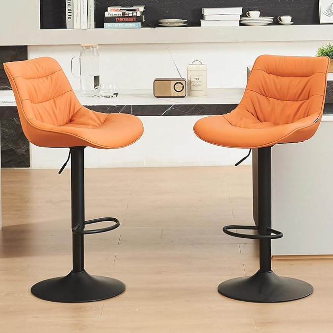 Kidol & Shellder Bar Stools Set of 2 Adjustable Swivel Orange, PU Leather Upholstered with Back, Modern Counter Height Stools for Kitchen Island, Home Bar