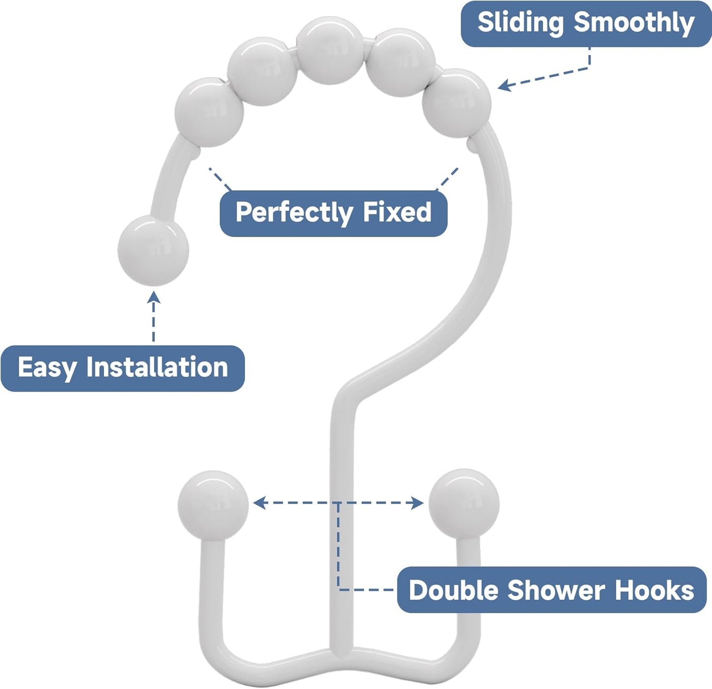 Titanker Shower Curtain Hooks Rings, Rust Resistant Metal Double Glide Shower Hooks for Bathroom Shower Rods Curtains, Set of 12 Hooks - White
