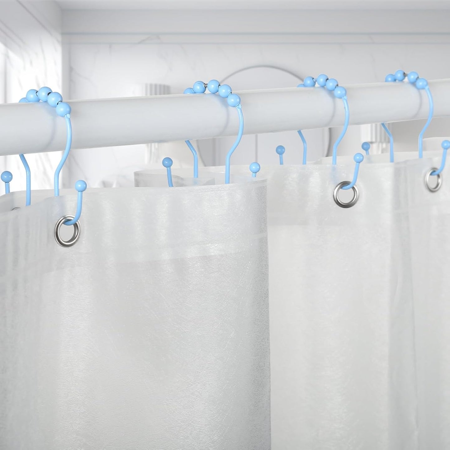 Goowin Shower Curtain Hooks, 12 Pcs Shower Curtain Rings, Stainless Steel Shower Curtain Hooks Rings Rust Proof, Smooth Sliding Anti-Drop Double Shower Hooks for Shower Curtain, Rods (Blue)