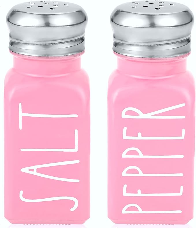 Pink Salt and Pepper Shakers Set by Brighter Barns - Modern Kitchen Decor and Accessories - Cute Glass Shakers - Vintage Decor for Home, Restaurants, Housewarming Gifts & Stainless Steel Lids (Pink)