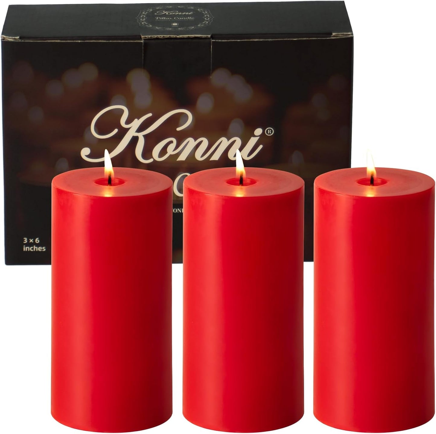 KONNI Red Pillar Candles Set of 3, 3"x 6" Unscented Pillar Candles Bulk, 56 Hours Long Burning Candles, Smokeless and Dripless Large Round Candle for Wedding, Home Decoration, Parties, Spas, Dinner