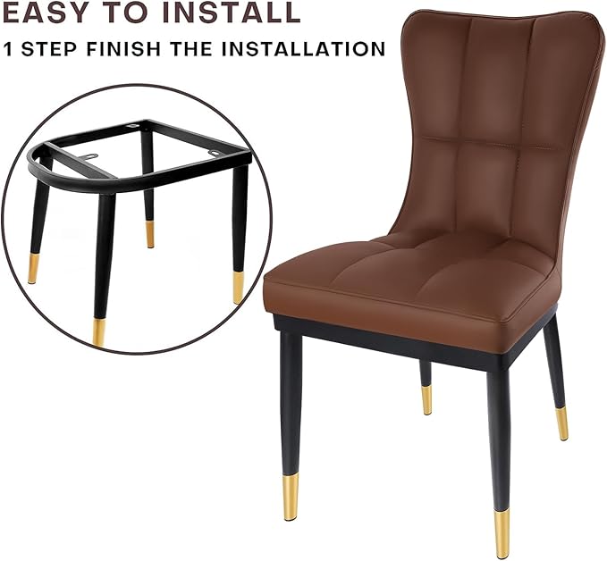 High-Back Faux Leather Dining Chairs Set of 2, Modern Sturdy Upholstered Accent Side Chair Deep Sponge Padded Seat with Metal Legs for Kitchen Dining Living Room Bedroom (Brown)