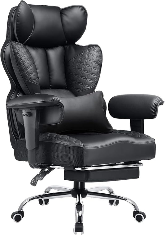 COMHOMA Big and Tall Office Chair 400LBS Wide Ergonomic Gaming Chair with Deluxe Embossing Designed Leather with Foot Rest,150°Reclining Adjustable Armrests Pocket Spring Back Support and Pillow