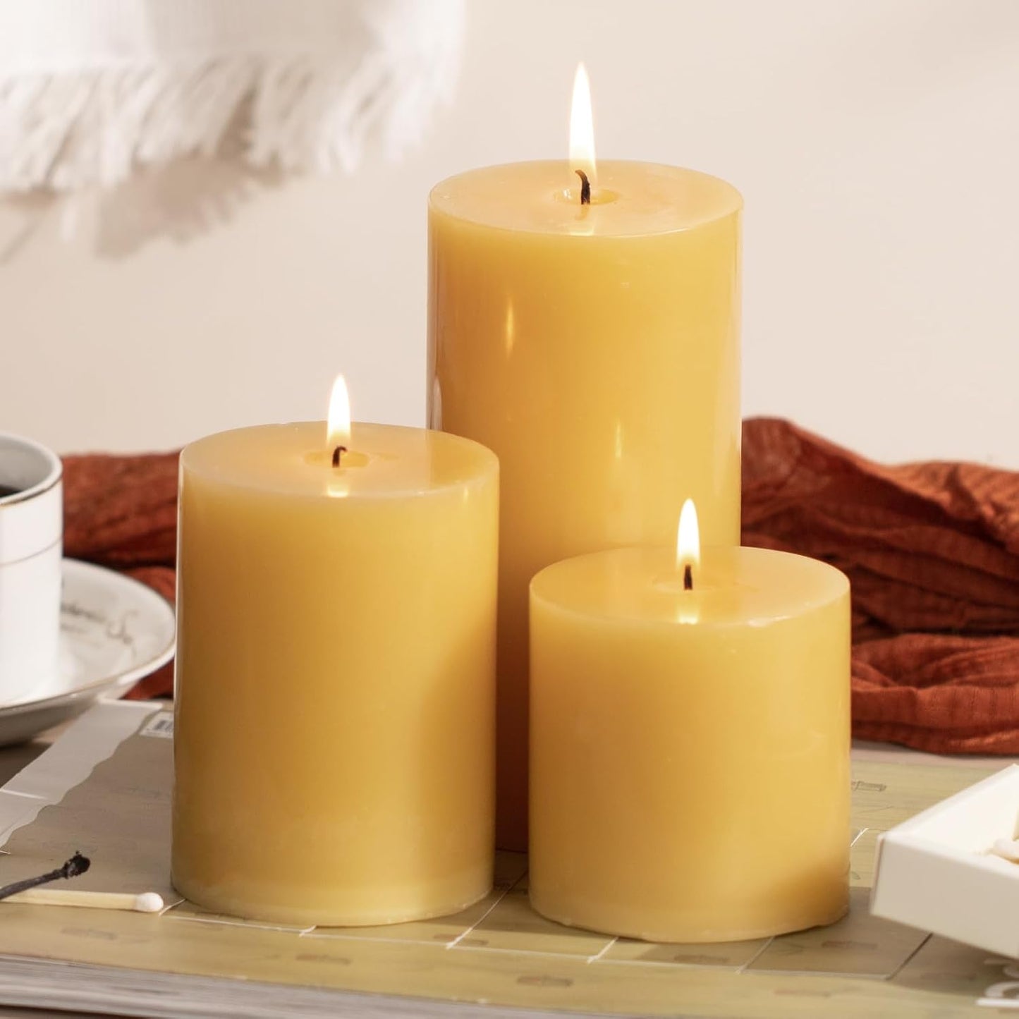 KONNI Mustard Yellow Pillar Candles Set of 3, 3"x 4" Unscented Pillar Candles Bulk, 39 Hours Long Burning Candles, Smokeless&Dripless Large Round Candle for Wedding, Home Decoration, Parties