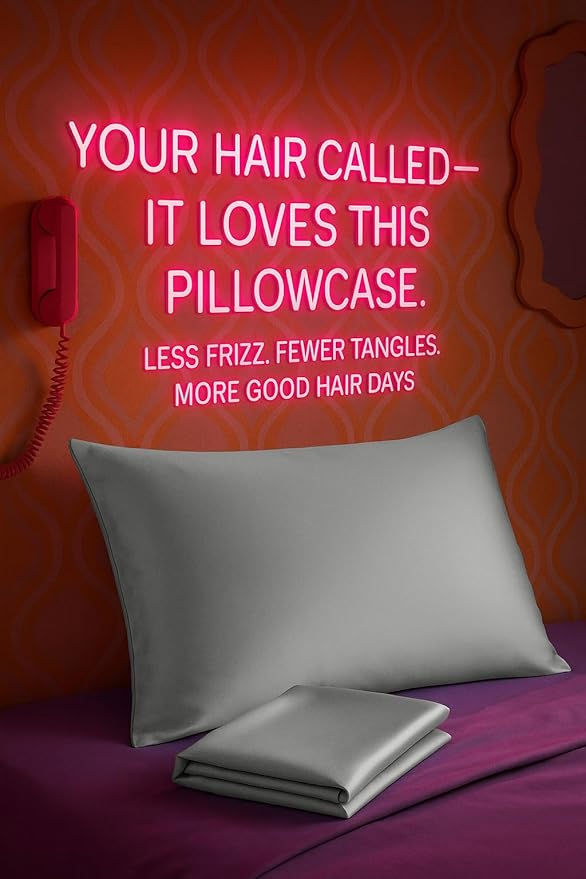 Satin Pillowcase with Zipper, for Hair and Skin Care, Feels Soft and Cool Like a Silk Pillowcase, Satin Pillow Cases 2 Pack, Slik Pillow Cover, Grey - Standard Size - Set of 2