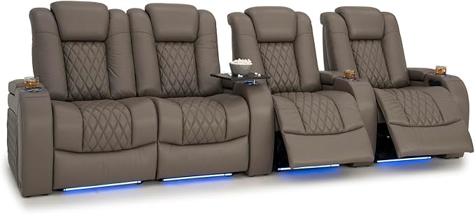 Seatcraft Diamante Zero-Gravity CoolZero Italian Leather Home Theater Seating, Power Headrest, Power Recline, Row of 4 Left Loveseat, Gray