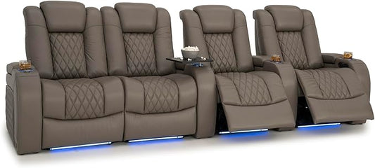 Seatcraft Diamante Zero-Gravity CoolZero Italian Leather Home Theater Seating, Power Headrest, Power Recline, Row of 4 Left Loveseat, Gray