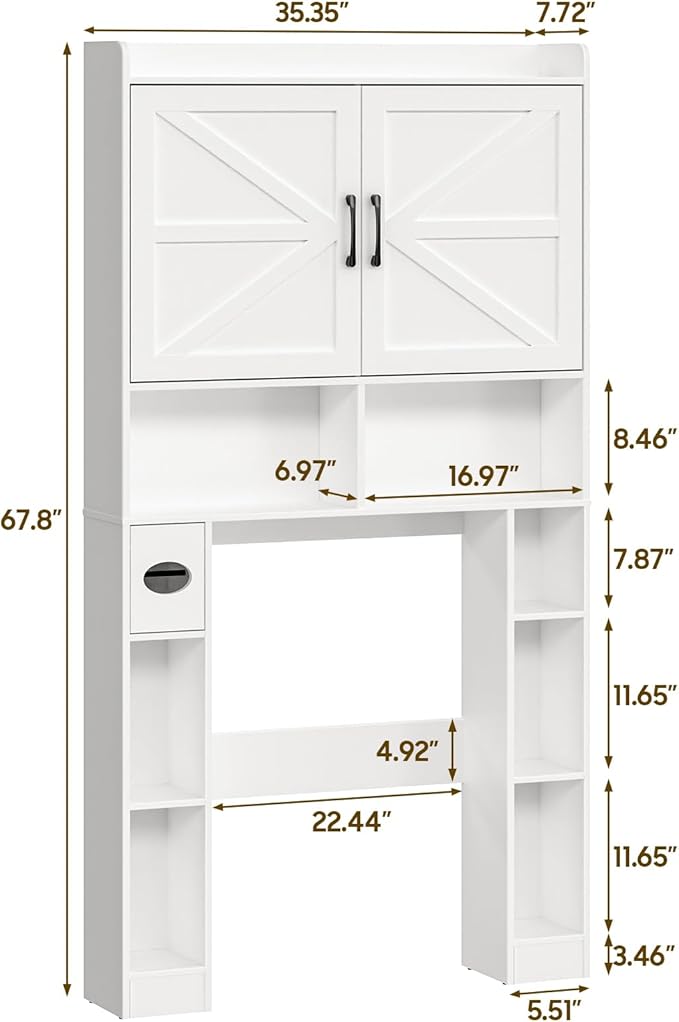 Over The Toilet Storage Cabinet, Farmhouse Toilet Cabinet Rack with Barn Doors, Space Saving Bathroom Organizer with Shelves, Toilet Paper Holder and Towel Rack for Bathroom,Restroom,Laundry（White）
