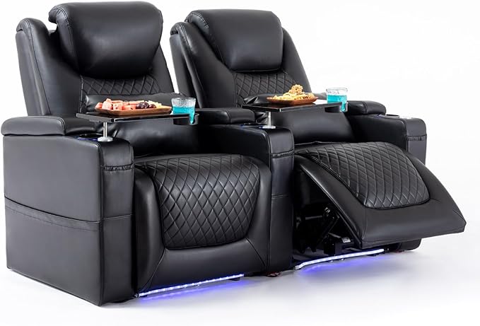 Home Theater Seating Seats, Theater Recliner Chair Sofa Game Movie Theater Chairs with 7 Colors Ambient Lighting, Lumbar Pillow, Side Pocket, Tray Table, Power Recline, Black