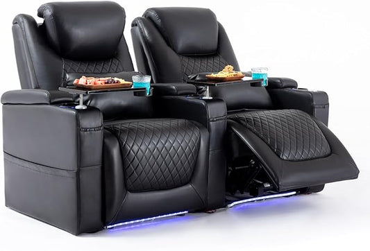 Home Theater Seating Seats, Theater Recliner Chair Sofa Game Movie Theater Chairs with 7 Colors Ambient Lighting, Lumbar Pillow, Side Pocket, Tray Table, Power Recline, Black