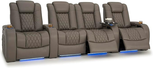 Seatcraft Diamante Zero-Gravity CoolZero Italian Leather Home Theater Seating, Power Headrest, Power Recline, Row of 4 Middle Loveseat, Gray
