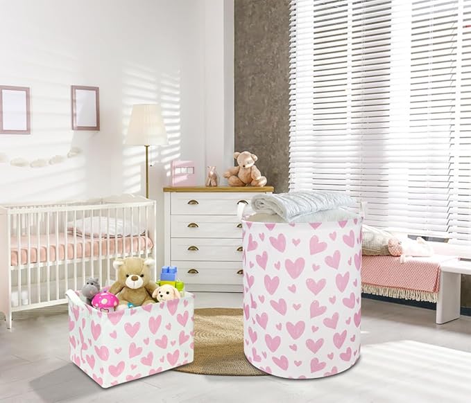 Pink Heart Laundry Hamper, Laundry Basket, Girls Nursery Hamper,Waterproof Storage Bin for Bedroom,Clothes Organizer Basket, Room Decor(Pink Heart)