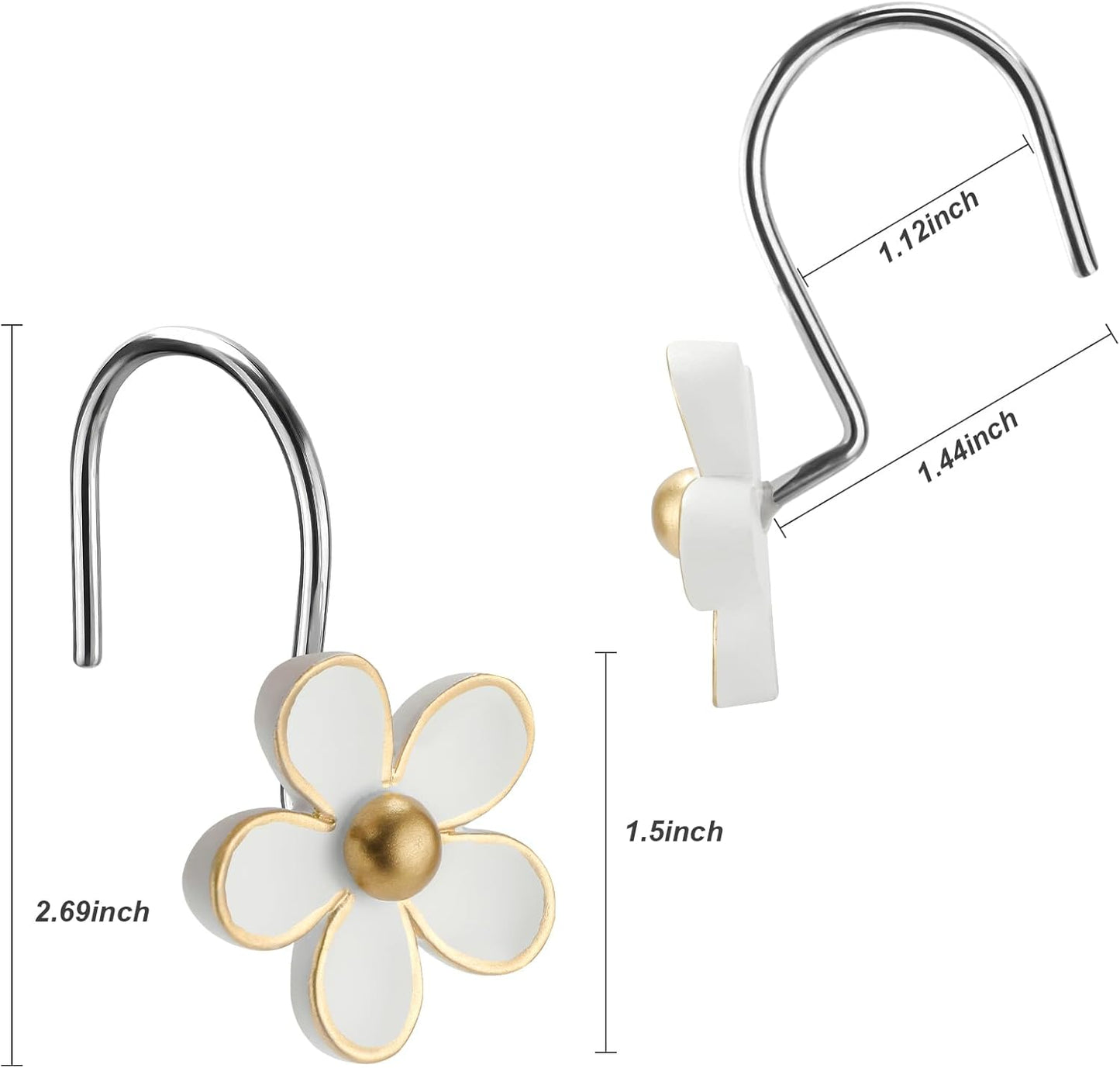 Cute Flower Shower Curtain Hooks, Pretty Floral Themed Elegant Bathroom Decor, Gold/Rose Red