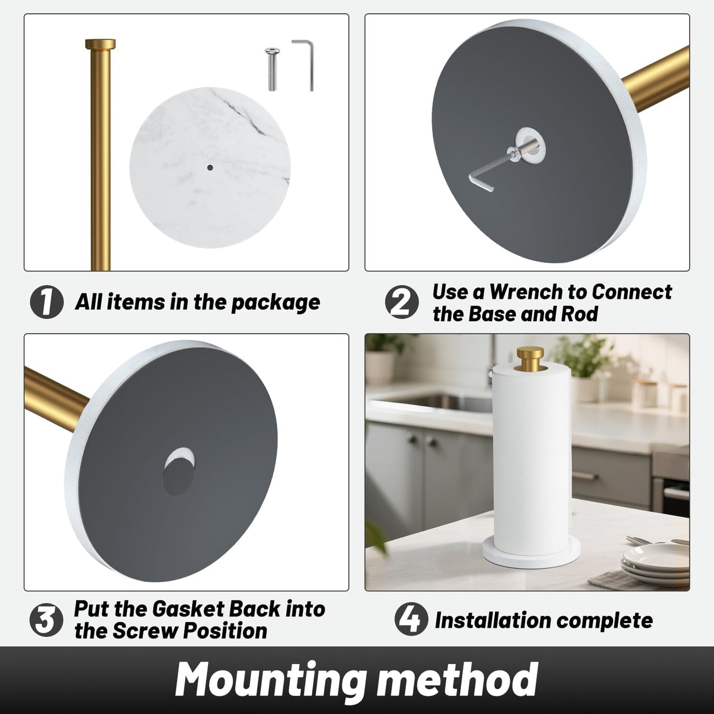 VEHHE Marble Paper Towel Holder for Kitchen Countertop, Standing Paper Towel Stand with Weighted Base & EVA Non-Slip Pad, for Bathroom or Kitchen (Gold)