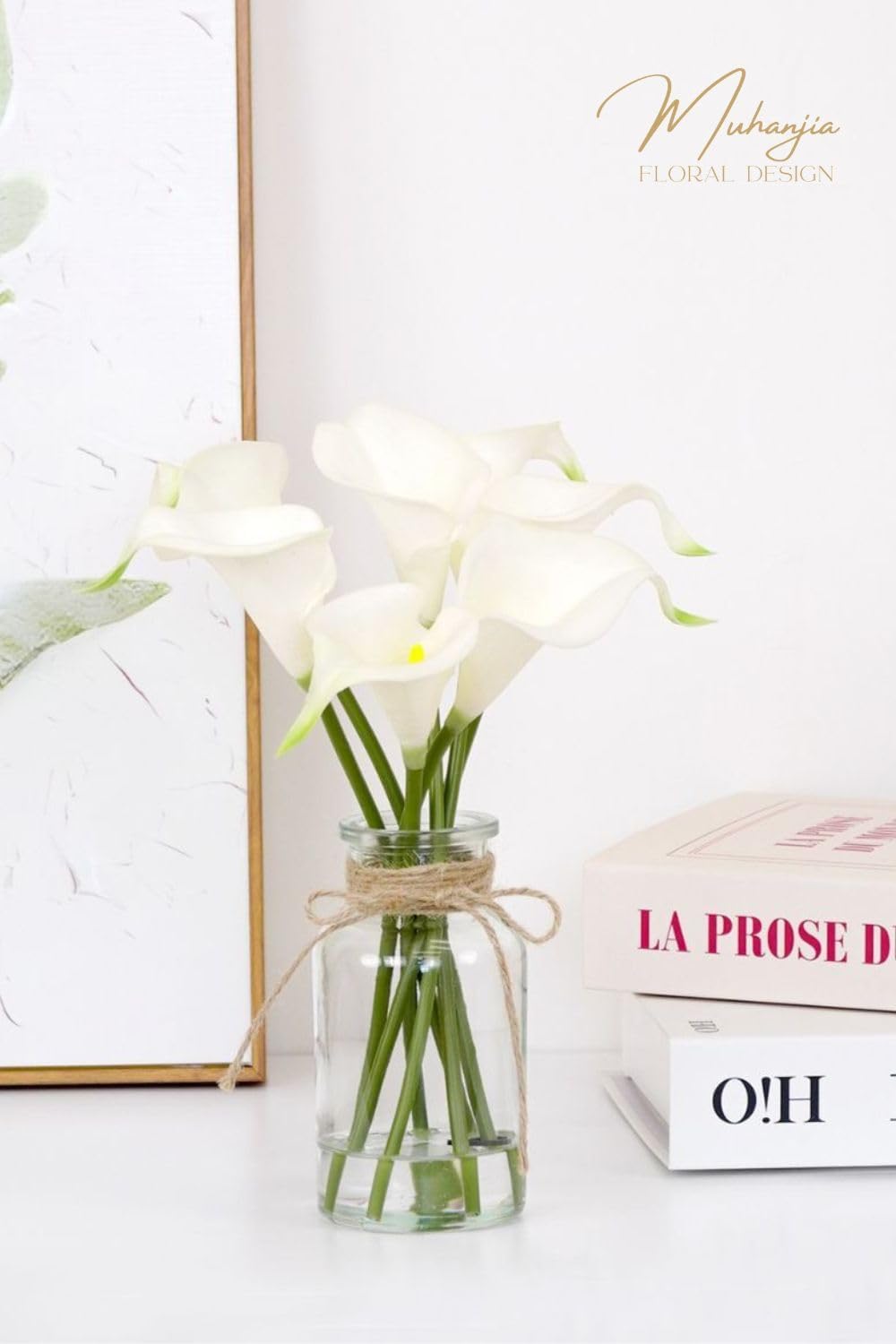 Artificial Flowers Calla Lily in Glass Vase with Faux Water,7Pcs Artificial Flower Real Touch Latex Flowers for Centerpiece Table Decorations Counter Decor(White Calla Lily)