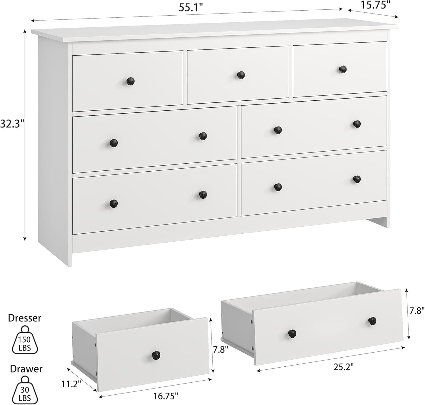 JOZZBY 7 Drawer Dresser for Bedroom, 55 Inch White Wooden Large Dresser with Golden Handles, Modern Chests of Deep Drawers Organizer for Home Office, Hallway