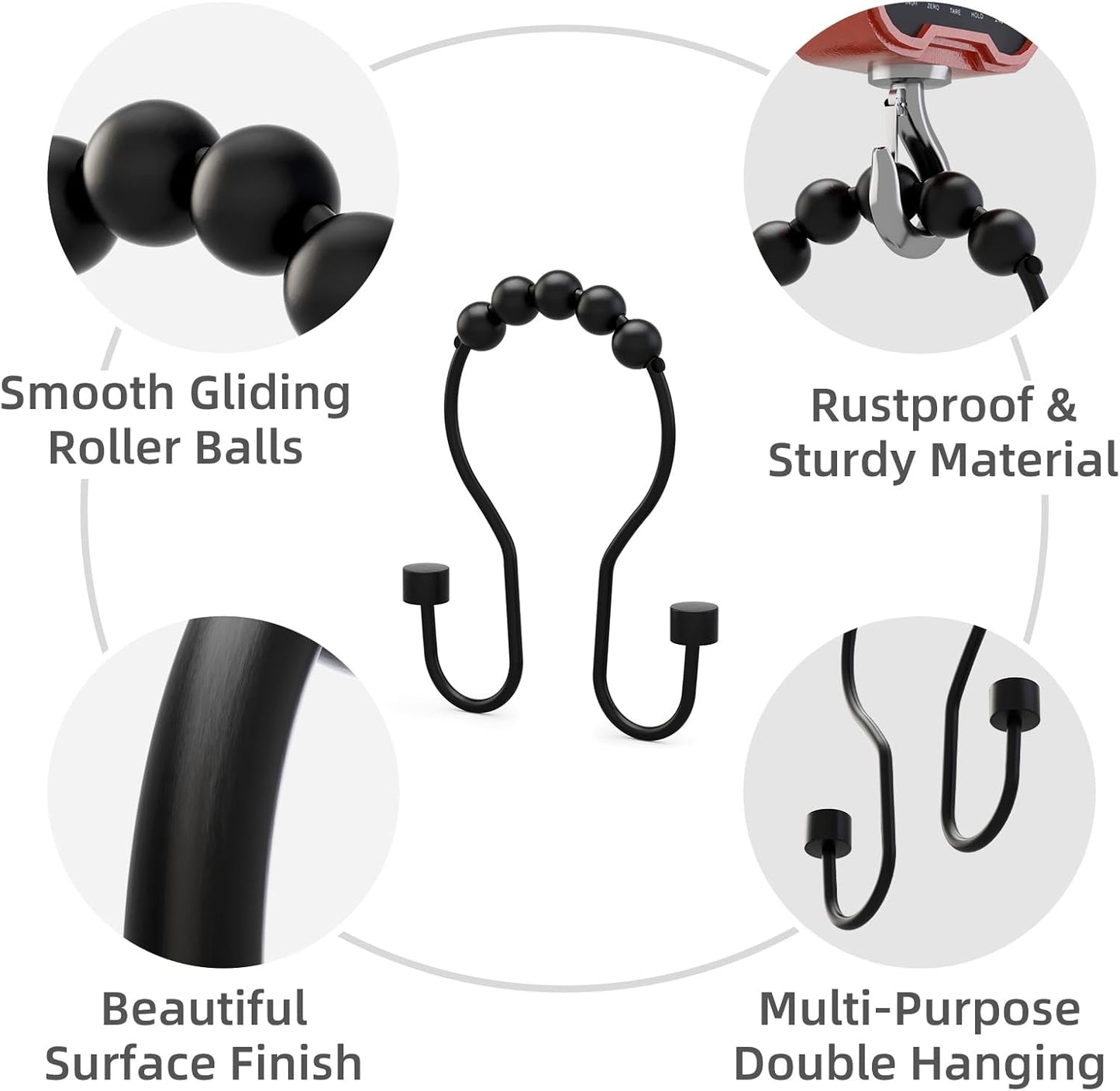 Shower Curtain Hooks, Shower Curtain Rings Rust Proof Double Hook Shower Curtain Hooks with Clindrical Design, 12 Pcs Black Shower Hooks for Shower Curtain, Metal Shower Rod Hooks