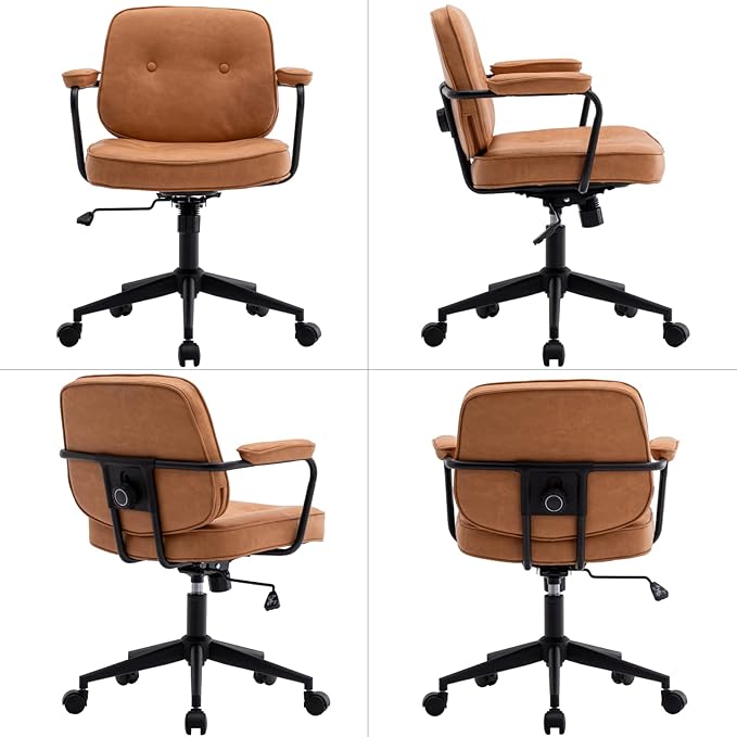 LukeAlon Adjustable Pu Leather Office Chair, Comfy 360° Swivel Task Chair with Armrest Modern Thickened Seat Desk Chair Tiltable Computer Chair with Button Tufted for Home Office, Light Brown