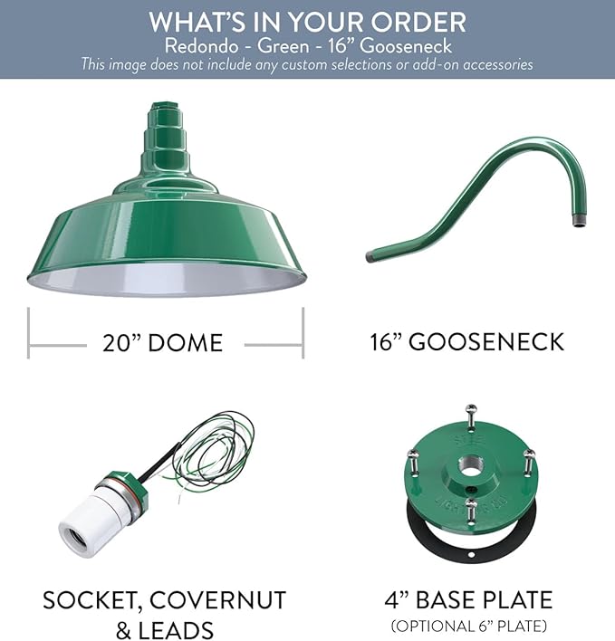 Steel Lighting Co. Redondo Barn Light | Outdoor Wall Mounted | 20 inch Dome | 16 inch Gooseneck | Large Farmhouse Warehouse Light Made in America | Green Exterior/White Interior