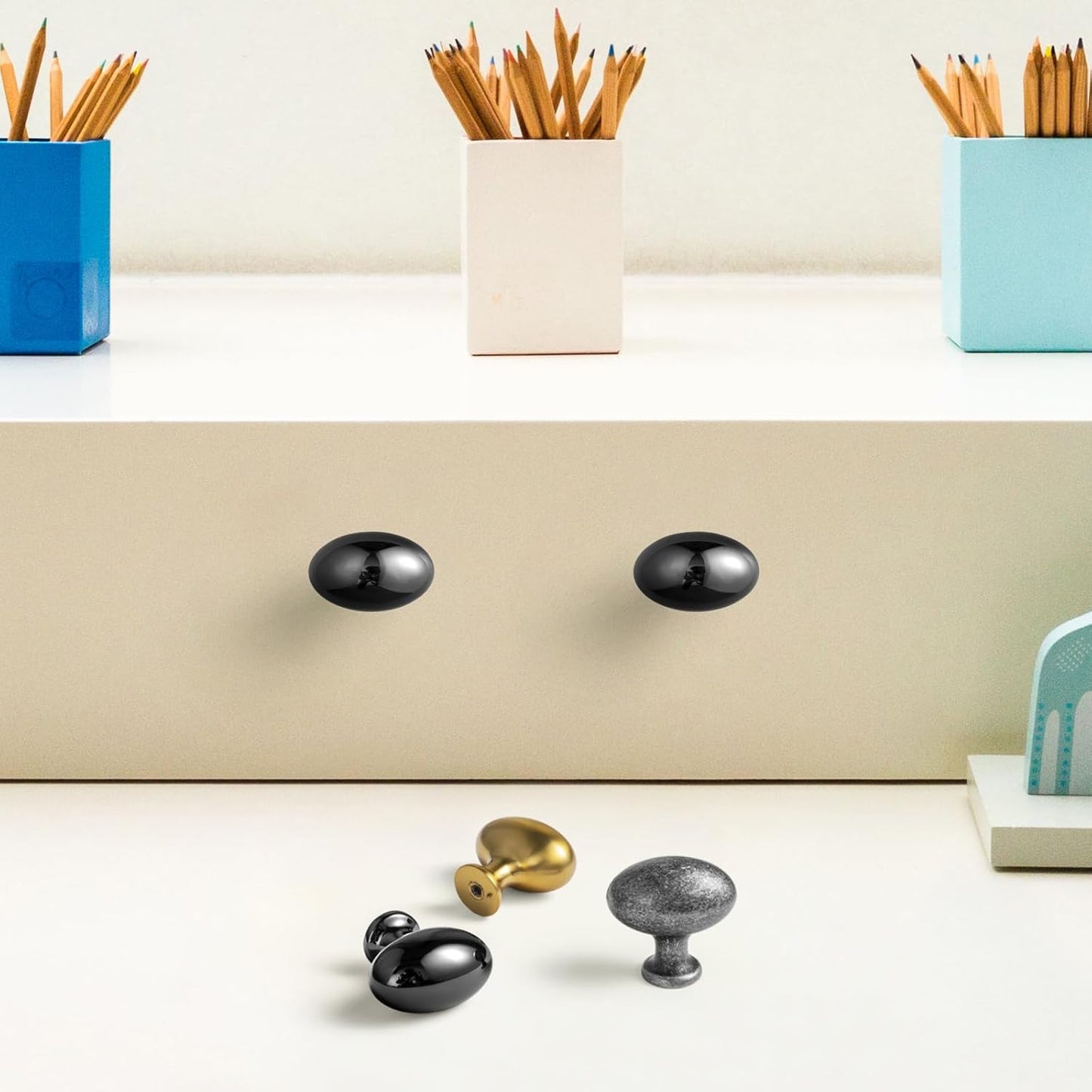 Goo-Ki 1.2 Inch(36MM) Oval Bright Black Drawer Knobs, Modern Zinc Alloy for Cabinet Knobs for Dresser,6 Packed