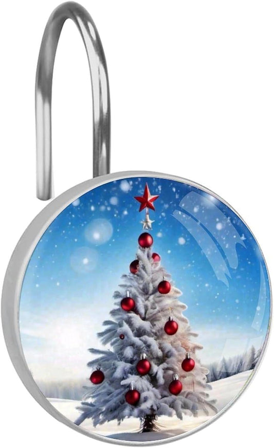 Christmas Tree Shower Curtain Hooks 12 Pcs, Xmas Tree Rust Proof Glass Surface Stainless Steel Curtain Rings for Bathroom Bedroom Living Room Kitchen Home Shower Rods Decor