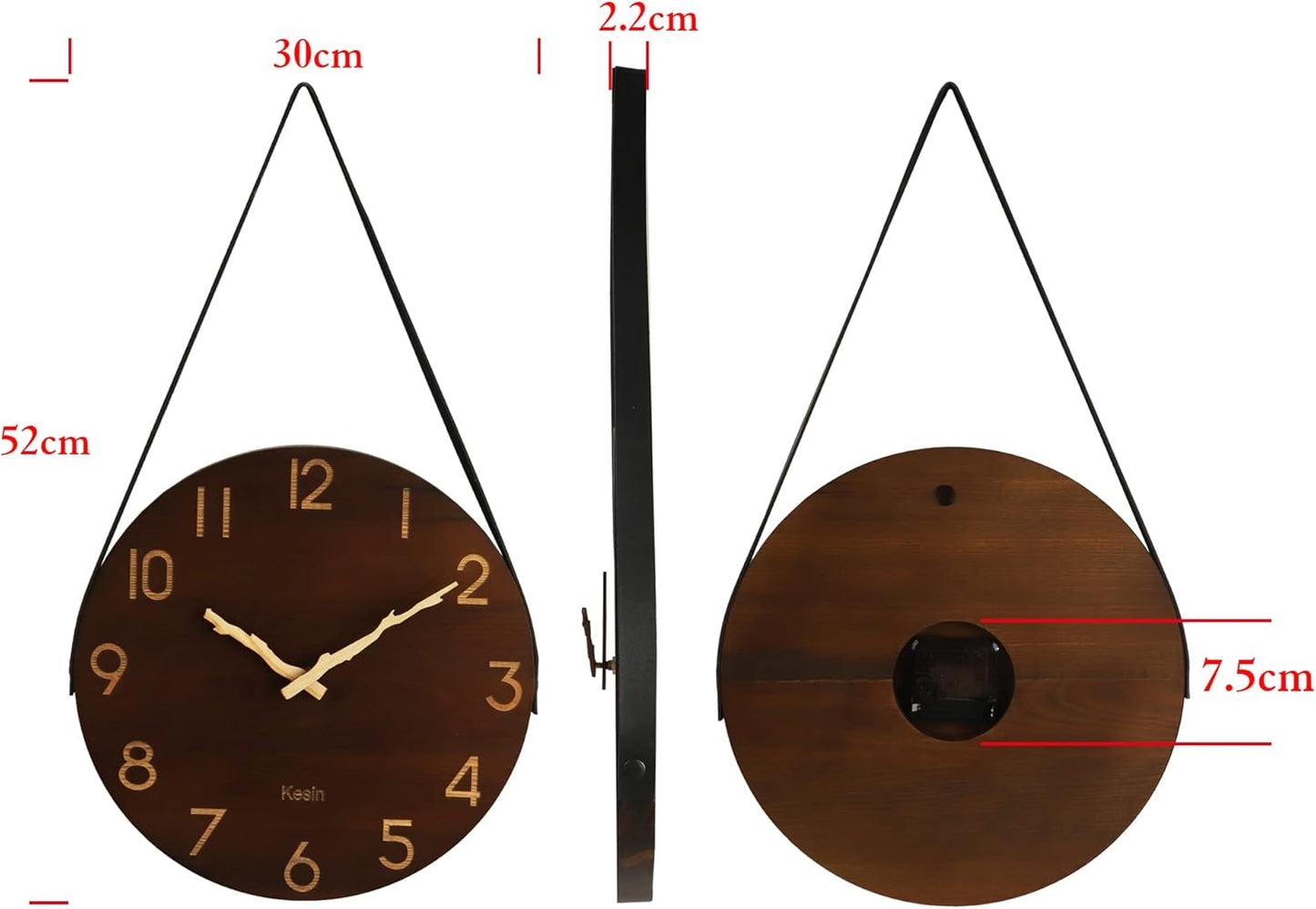 Kesin Wall Clock 12 Inch Silent Wooden Wall Clock Battery Operated Hand Made Retro Fashion Clock with Rope Hanging Decorative for Living Room Kitchen Bedroom Office