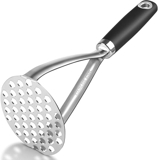 Heavy Duty Stainless Steel Potato Masher, Sturdy Metal Potato Smasher with Silicone Handle, High Heat Resistant Cooking Utensils for Kitchen Use, Dishwasher Safe, Easy to Clean, Silver
