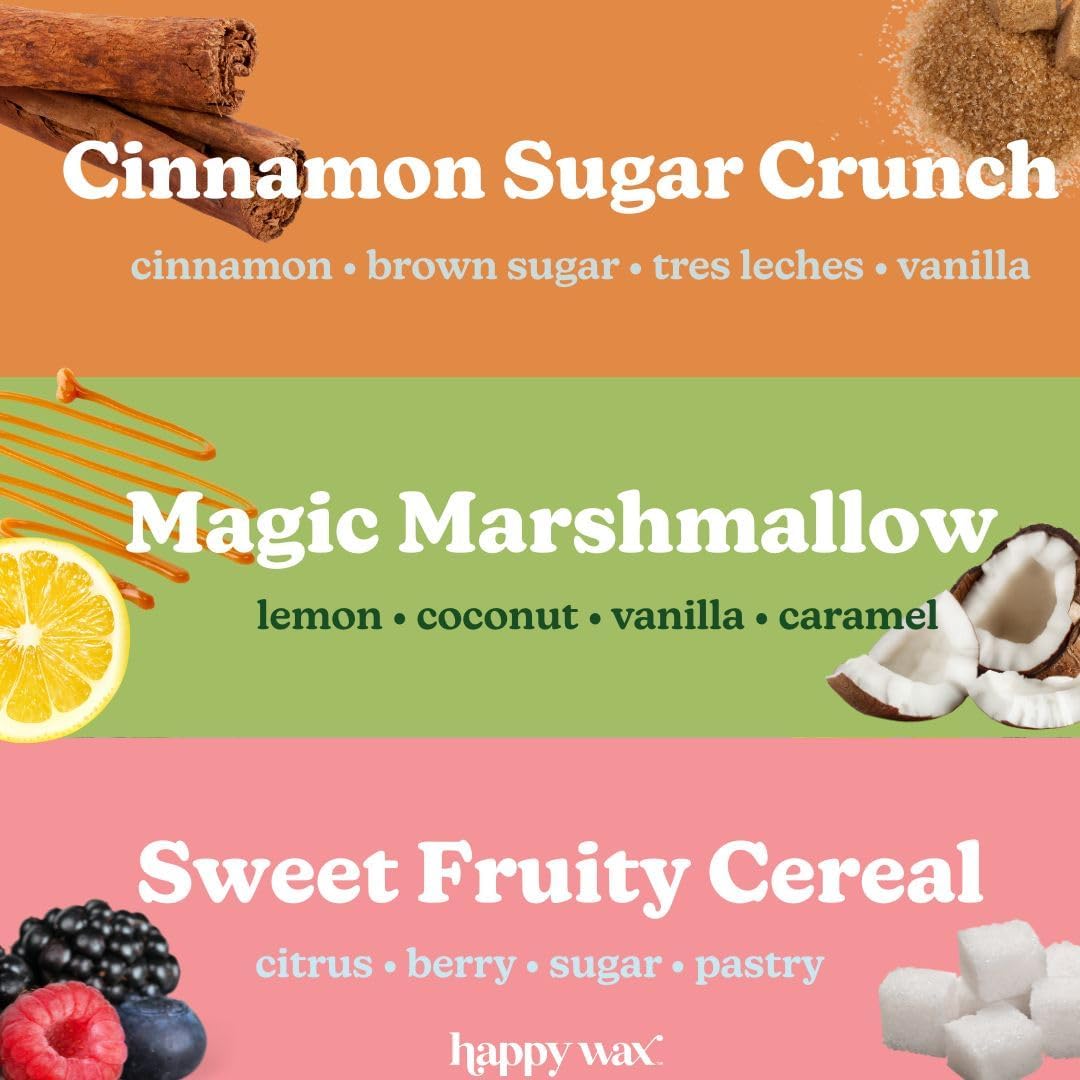 Happy Wax Cereal Mix Premium Scented Natural, Non Toxic Soy Wax Melts – 6 Total Oz. of Scented Wax Melts Includes: Cinnamon Sugar Crunch, Magic Marshmallows and Sweet Fruity Cereal