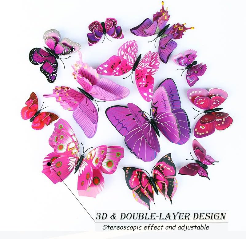 Butterfly Wall Decor 24/48 PCS, 3D Butterflies Stickers for Party Decorations with Magnets(Purple, 24)