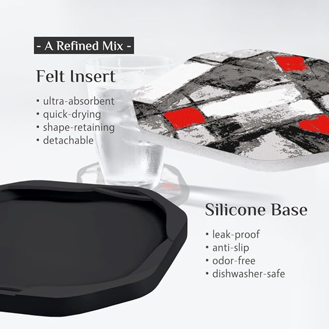 UMIRRO Absorbent Coasters for Drinks, Cool Silicone Cup Coaster with Felt Insert for Modern Coffee Table Decor, Small Unique Birthday Gift Ideas for Men Dad Him Women Mom Her, 4", Red Black, Set of 4