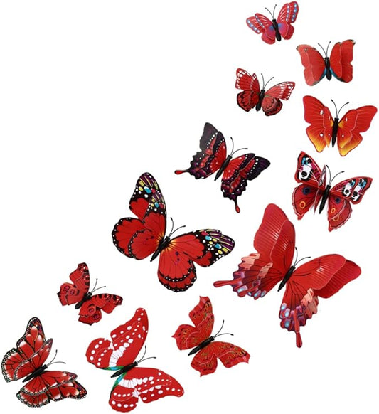 12PCS Butterfly Wall Decals Removable 3D Red Butterflies Sticker with Magnets for Home Bedroom Kids Room Decor (Double Layer-Red/12PCS)