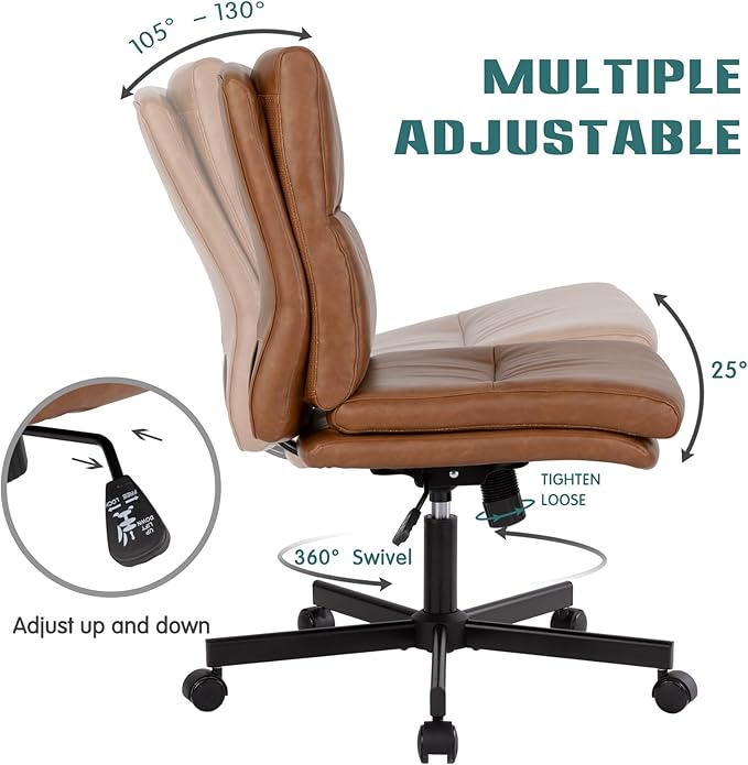 LUCKWIND Armless Office Desk Chair with Wheels, Mid-Back Criss Cross Swivel Task Chair, Height Adjustable Cushioned Vanity Chair, Double Padded PU-Leather Chairs for Home, Office & Bedroom (Brown)