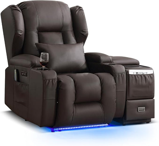 Wall Hugger Power Recliner Chair, Home Theater Seating Electric Recliing Sofa with Massage & Heat, Cup Holder, USB Port, LED Ambient Light, Storage for Living Room (Brown, Chair + Console)