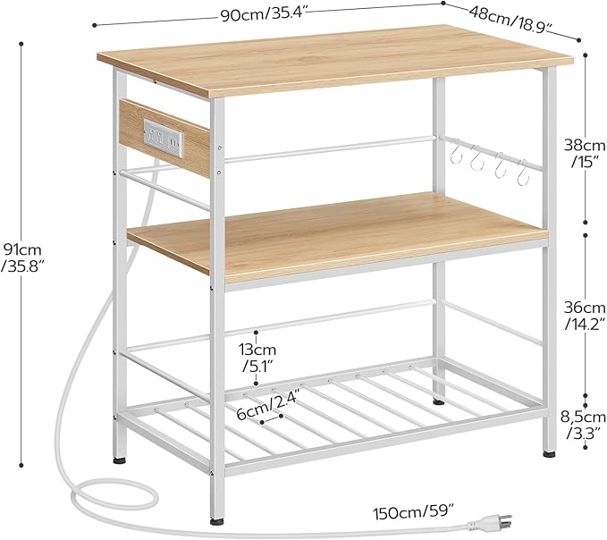 HOOBRO Kitchen Island with Storage, Kitchen Island Table with Power Outlet, 3 Tier Coffee Station and Microwave Stand, for Home, Kitchen and Dining Room, Natural and White WN021ZD01