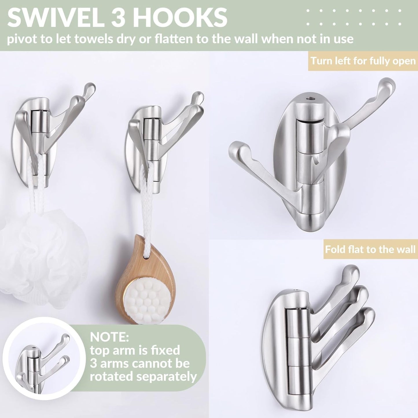 APLusee Swivel Brushed Nickel Robe Hook 2 PCS, Metal Foldable Towel Holder with Triple Rotating Arms, Heavy Duty Bathroom Kitchen Coat Hanger Wall Mounted