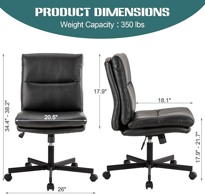 LUCKWIND Armless Office Desk Chair with Wheels, Mid-Back Criss Cross Swivel Task Chair, Height Adjustable Cushioned Vanity Chair, Double Padded PU-Leather Chairs for Home, Office & Bedroom (Black)